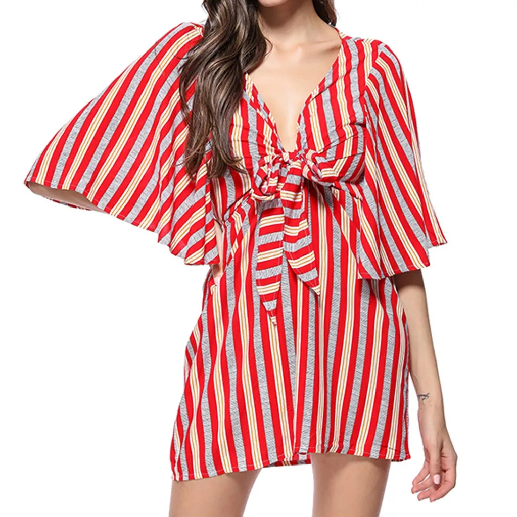 Женское модное платье в полоску с v образным вырезом летнее короткими рукавами и