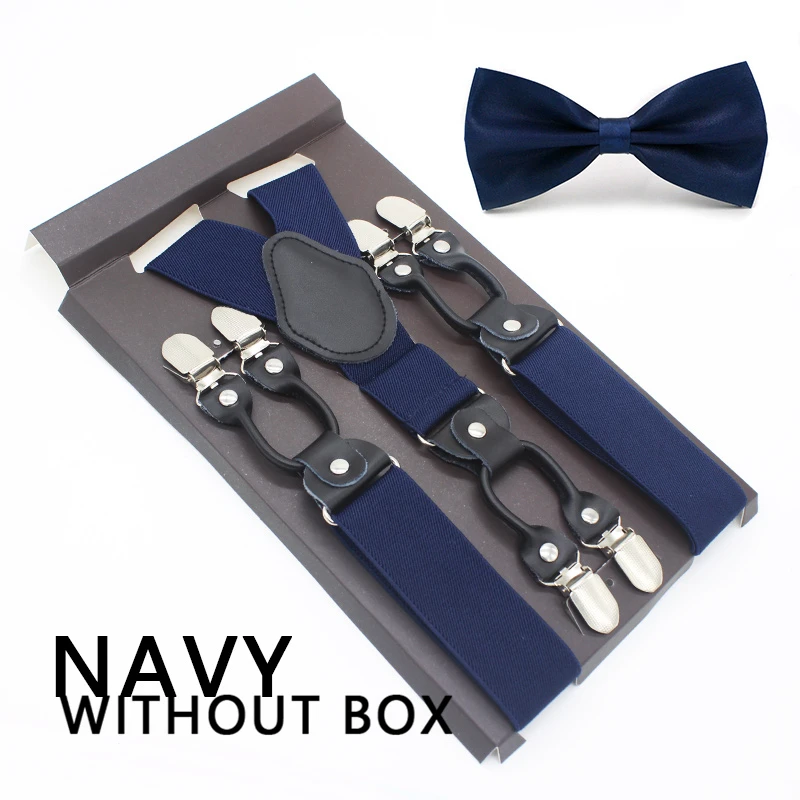 NAVY BLUE Мужские подтяжки набор новые подтяжки с галстуком-бабочкой винтажные повседневные 6 зажимов подтяжки брюки ремень подарок для отца/мужчины - Цвет: NAVY BLUE