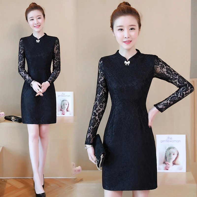 2018 осень зима новый плюс размеры черный пикантные Клубные кружево платья для