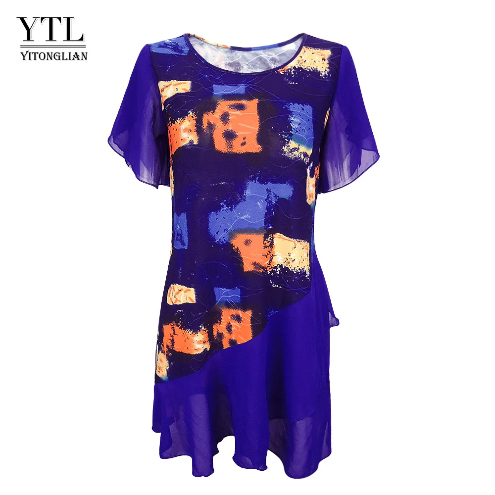 Blue Женские топы и блузки Tie Dye богемный принт многослойные шифоновые женские блузки Летняя туника с коротким рукавом H227 - Цвет: Blue