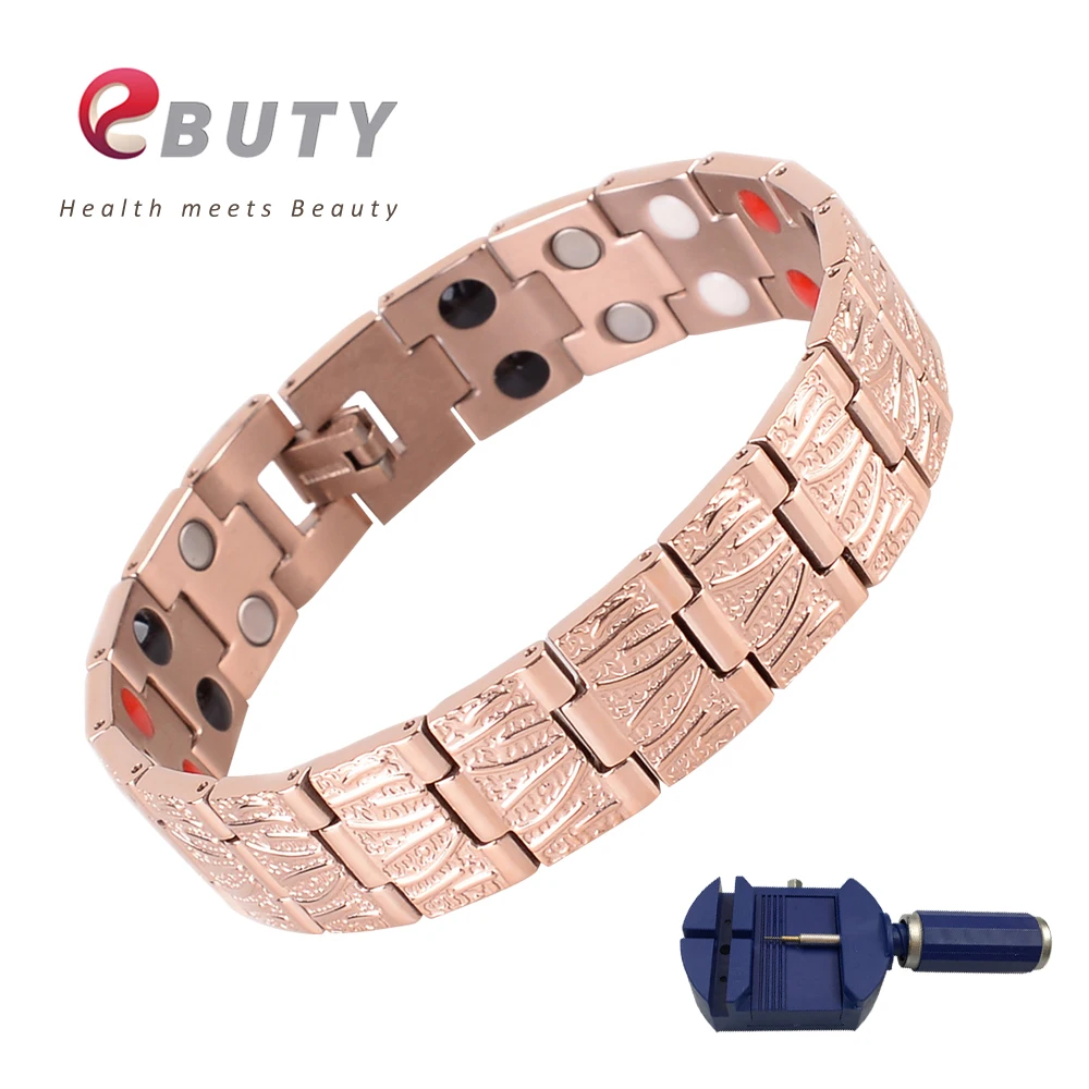 EBUTY Men Titanium Energy Bracelets FIR Healing Magnet Health Fashion Bracelet Gift Jewelry Rose Gold with Box