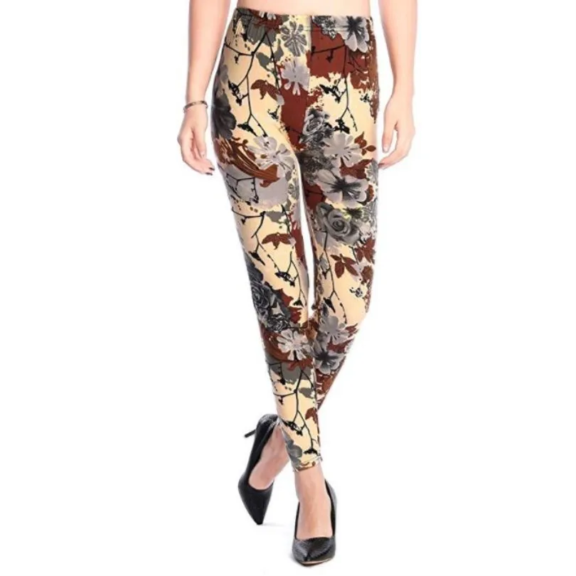 Khaki flower CHSDCSI женские леггинсы для фитнеса, Стрейчевые брюки с высокой талией, леггинсы с цветочным принтом, эластичные леггинсы для тренировок, штаны с эффектом пуш-ап - Цвет: Khaki flower