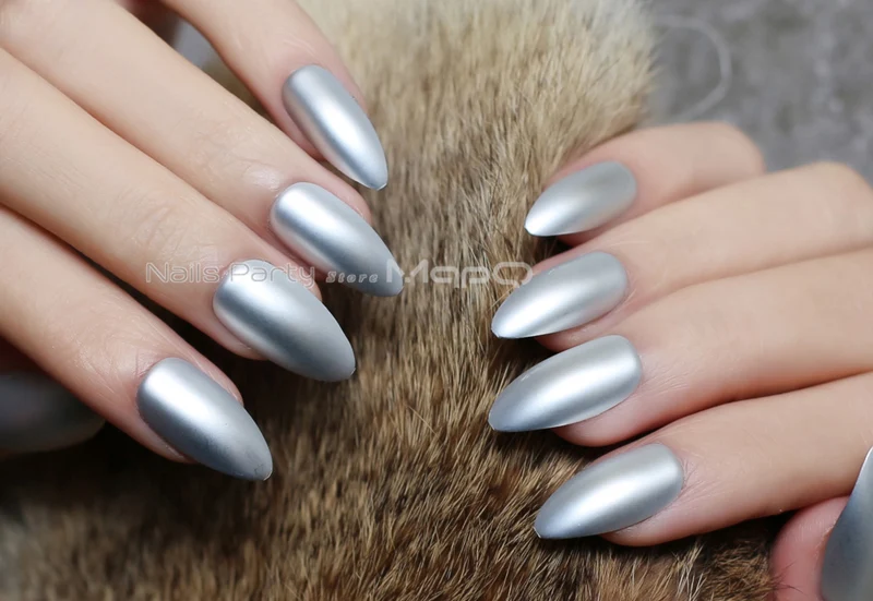 Silver-OPP-bag Новые серебристые матовые металлические шпильки для ногтей красные средние классные накладные ногти синие хромированные Черные накладные ногти вампир 24 шт бордовый - Цвет: Silver-OPP-bag