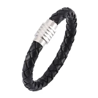 new men jewelry punk black braided leather bracelet for men wristband stainless steel magnetic clasp fashion bangles gifts pw734