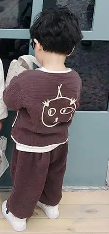 coffee Japanese style boys girls cartoon pure cotton clothes sets kids single-breasted long sleeve jacket+ loose pants 2pcs suits - Color: coffee