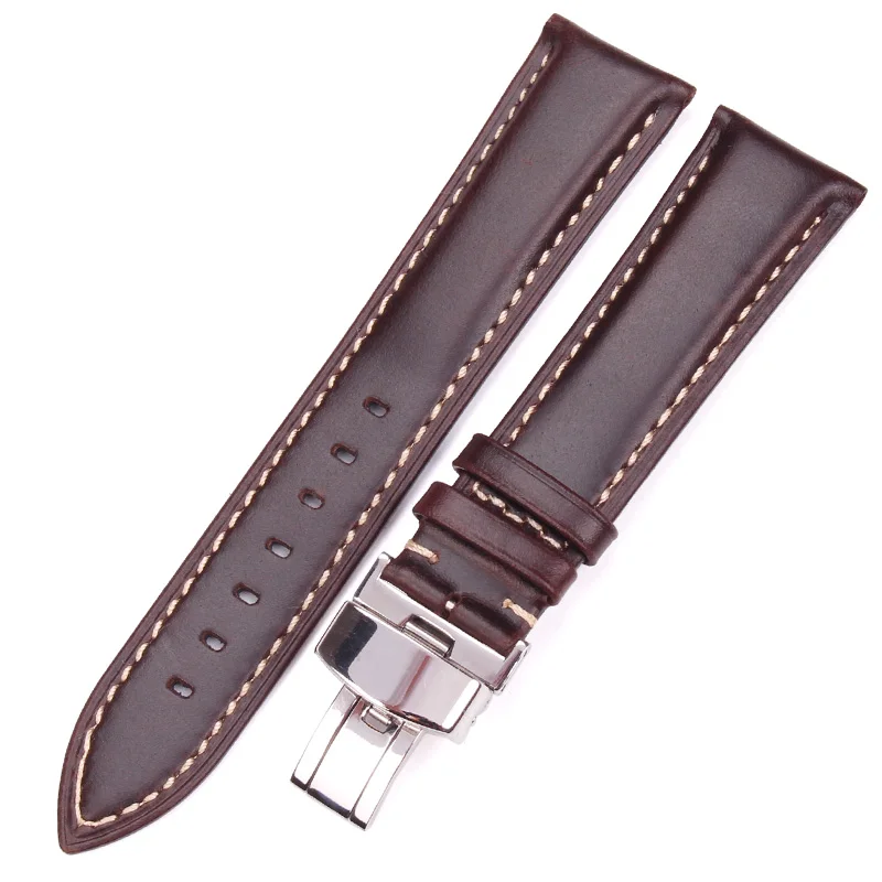 

Ремешок для часов, винтажный гладкий браслет с полированной серебристой застежкой, черный, темно-коричневый, 18 19 20 21 22 24 мм