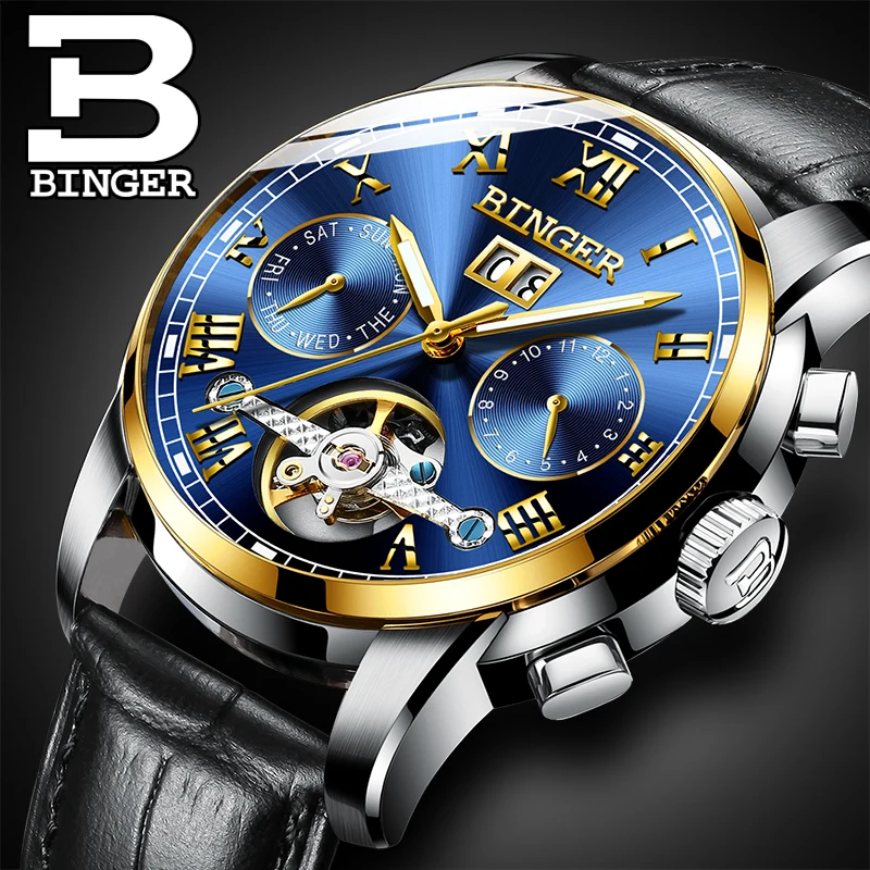 BINGER Brand Men Watches Automatic Mechanical Watch Tourbillon Sport Clock Leather Casual Business Wristwatch Mens binger new geneva brand automatic watches gold black men business watch luxury watch man full steel wristwatch drop shipping
