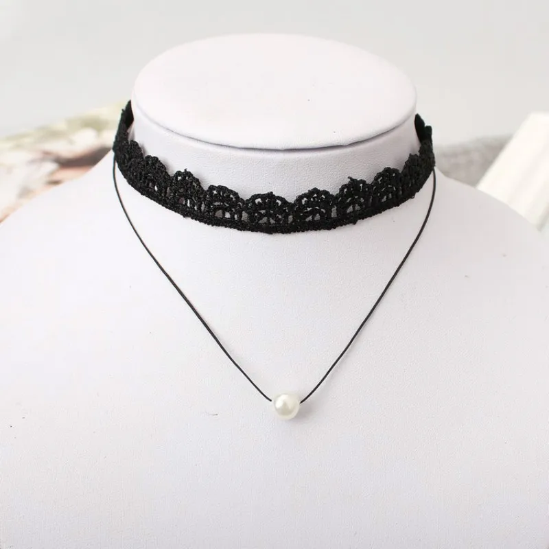 2017 Ретро Новый Короткий воротник черный имитация жемчуга кулон Чокеры ожерелье