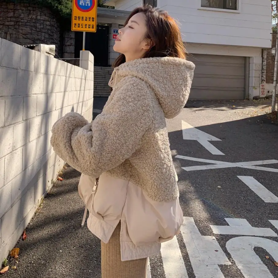 Winter Fashion Lamb Hair Splicing Cotton Coat Hooded Thicken Warm Jacket Back Letter Pattern Casual Slim Sustans Outerwear L1775 | Верхняя