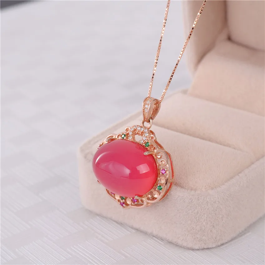 Женская цепочка из розового халцедона Almei ожерелье с кулоном стерлингового