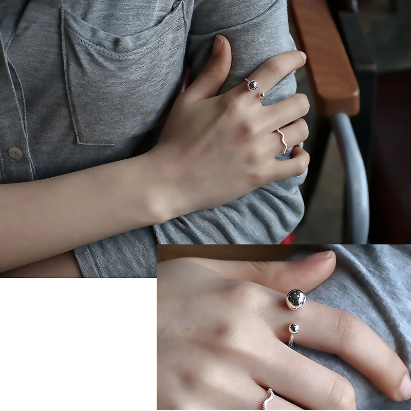 ROCKART Casual Round Ball Rings 100% 925 Sterling Silver Sporty Japanese Designer Simple Style White Gold Color Cuff Ring Women | Украшения