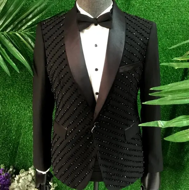 

2020 New Men's fashion Red black bead singer suit Plus size slim formal dress male host guest Stage costumes clothing M-3XL