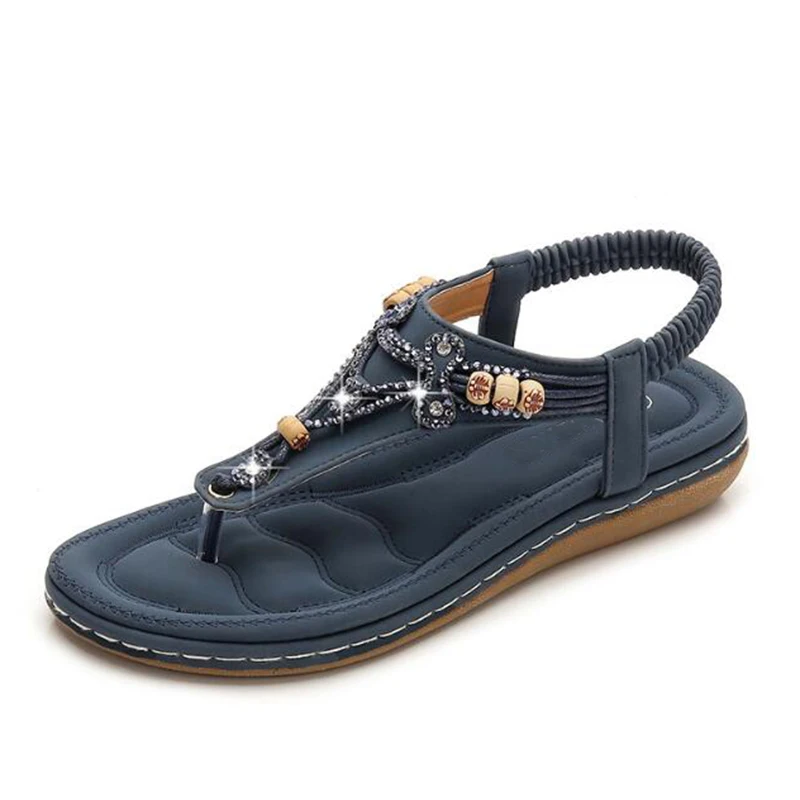 2019 Retro women's shoes round head Solid color sandals summer Leisure Comfort beach beaded rhinestone flat mm313 | Обувь
