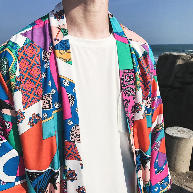 Bumpybeast полный печатный японский стиль кимоно куртка для мужчин 2018 лето три
