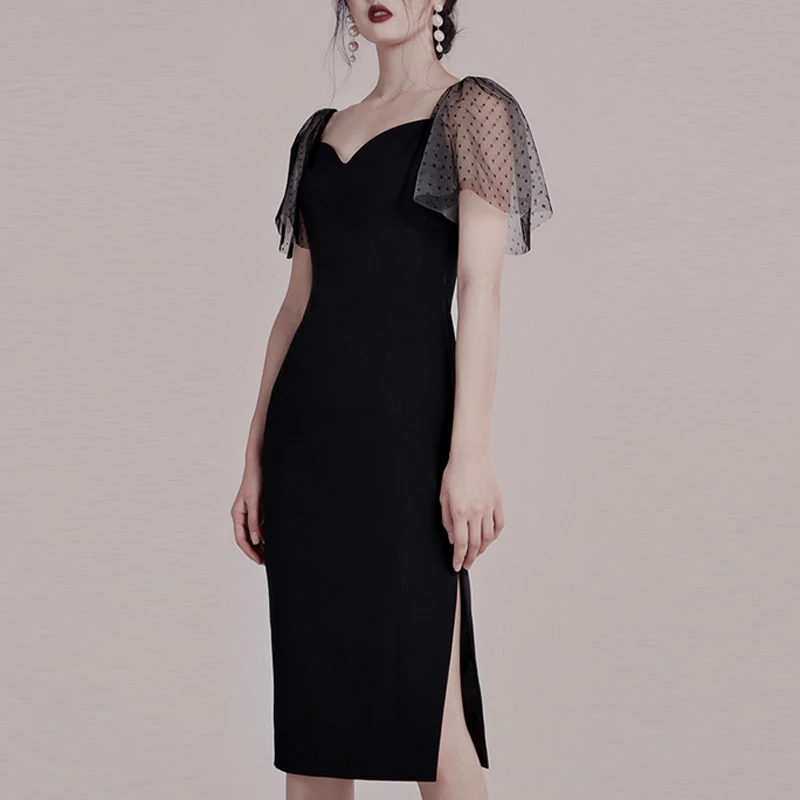INDRESSME новое женское сексуальное Бандажное платье с коротким рукавом в горошек с открытой спиной до колена облегающее вечернее платье Черное Платье-футляр