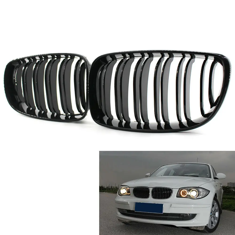 

Gloss Black Car Front Kidney Grill Grilles Cover Dual Line For BMW 1 Series E81 E87 E82 E88 08-11