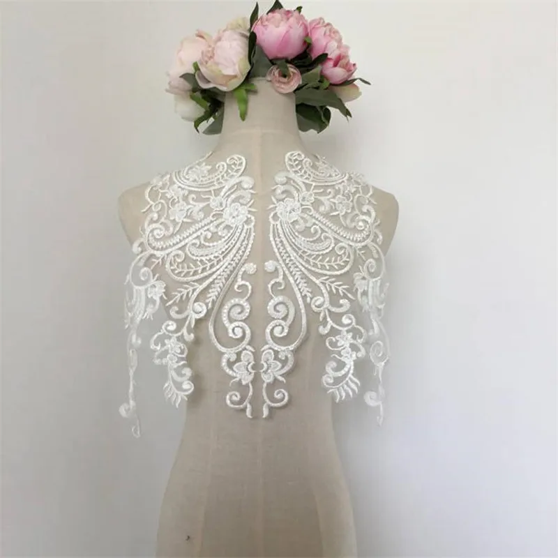 Большая Кружевная аппликация с блестками вышитая цвета слоновой кости