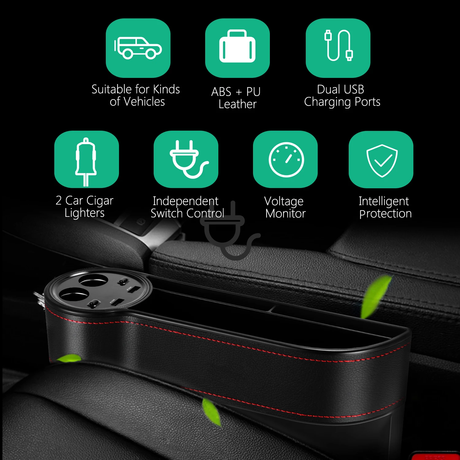 ZEEPIN C15 Multi-use Car Seat Gap Storage Box PU Leather Case Pocket Right Seat Side Slit Voltage Display 2 Cigarette lighter