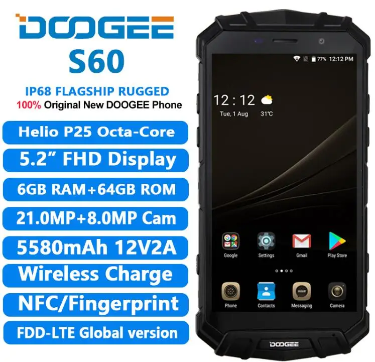 DOOGEE S60 6 GB 64 IP68 Водонепроницаемый мобильного телефона Helio P25 Octa Core 5 2 "FHD 21MP Android 7 0