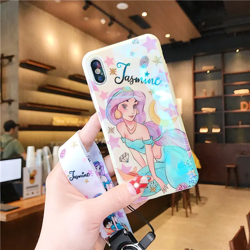 For iPhone 7 7plus princess Ariel / jasmine phone Cases iphone X 6 6s 6plus 8 8Plus Blue ray soft back cover + strap |