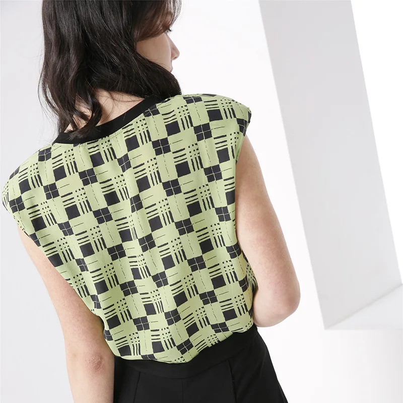 Футболка женская из плотного шелка в клетку с фруктовым принтом | Женская одежда