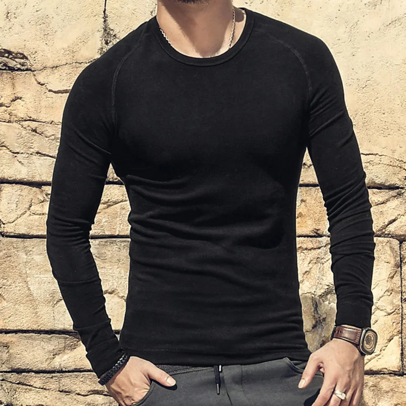 

Мужская хлопковая футболка, теплый реглан с длинным рукавом, простая Бейсбольная Футболка, мужские топы, модная одежда, облегающая мужская ...