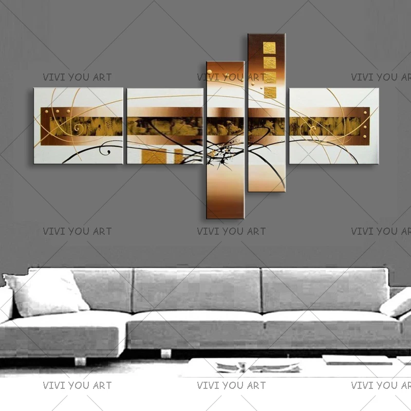 

Home Decoration Wall Art Handpainted Abstract Gold Oil Painting 5 Piece Picture Handmade White Lines Paintings On Canvas 5 Panel