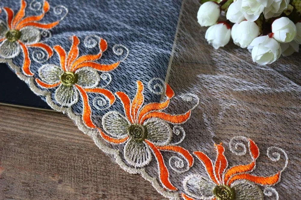 5 ярдов/партия ширина 8 см белый фон с одной стороны оранжевые цветы кружевная