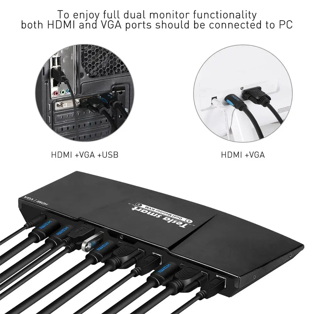 2 порта выход HDMI+ VGA HDMI двойной монитор KVM переключатель HDMI KVM Поддержка USB 2,0 портов клавиатура и мышь до 4 k@ 30 Гц HDMI KVM