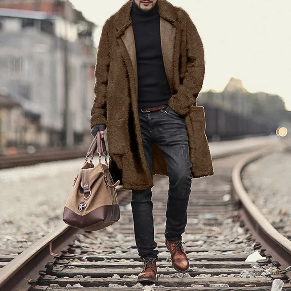 Мужское пальто модное теплое плюшевое длинное двустороннее #4D05 # F|Мужские парки| |