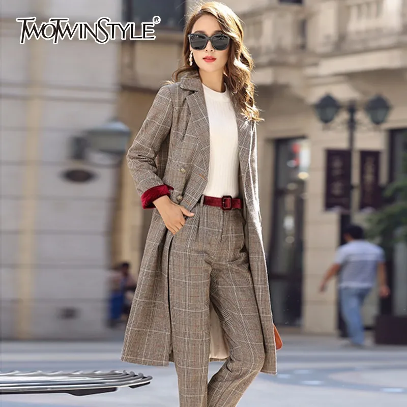 TWOTWINSTYLE, клетчатый Блейзер, костюм, женский, с воротником, двубортный, тонкий, длинный, пальто с поясом, высокая талия, размера плюс, штаны, OL