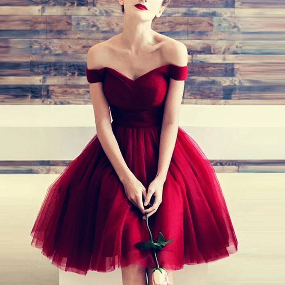 

New Arrival Sweetheart Off the Shoulder Burgundy Tulle Robe de cocktail Short Cheap Cocktail Dresses