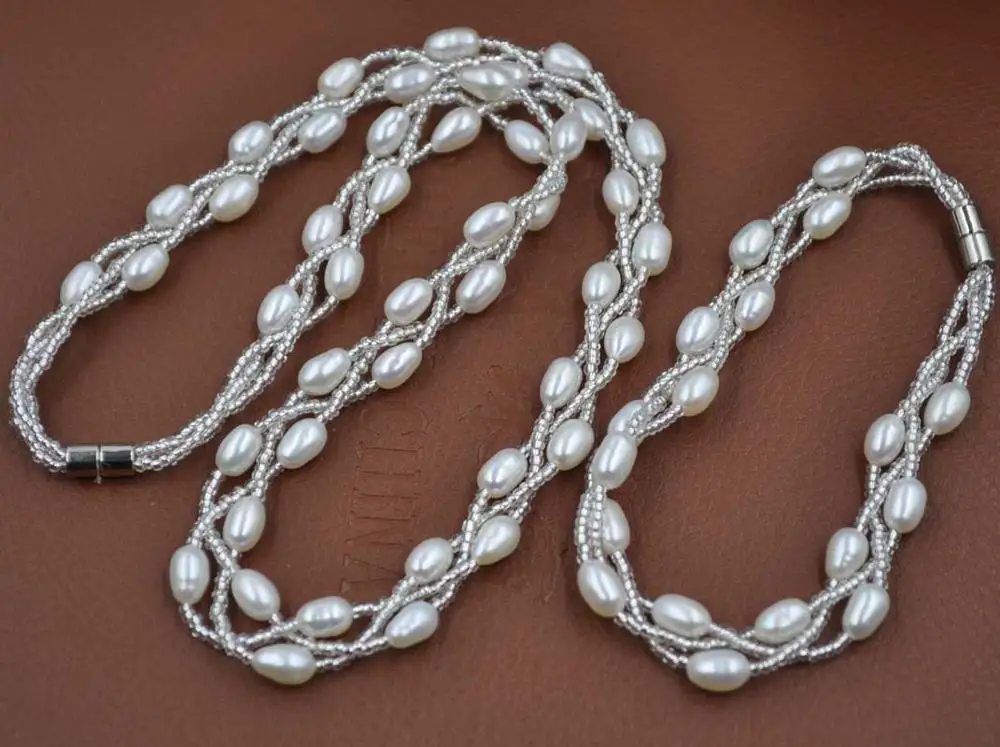 Оптовая продажа 3 линии риса настоящий пресноводный жемчуг набор ожерелье и