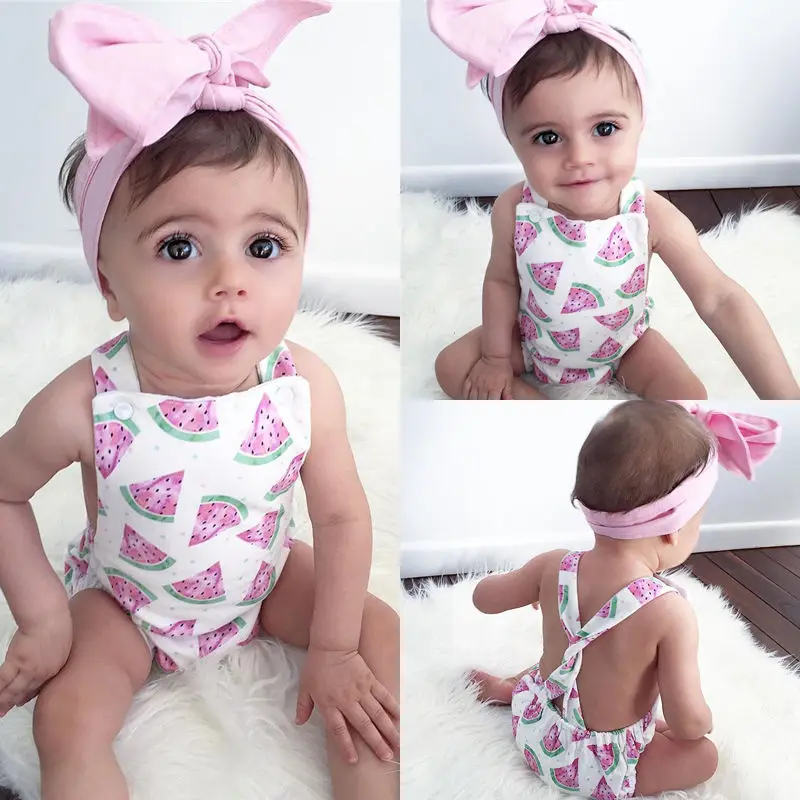 

Emmababy Watermelon Bodysuits 0-24M Newborn Baby Girls Clothes Cross Cross Strap Backless Grils Jumpsuits Sunsuits Outfits