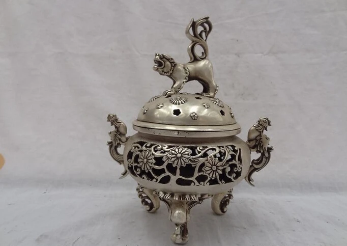 

Песня voge gem S2689 9 дюймов, статуя из китайского серебра крышка в виде льва Phoenix, тибетский цветок, курильница