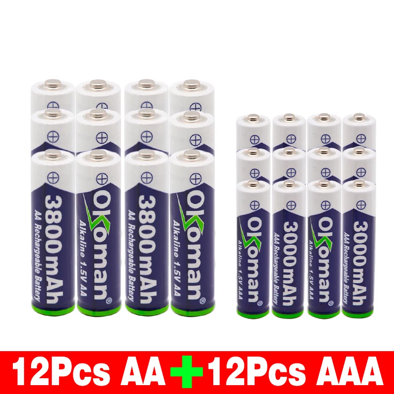 Синий Okoman 1,5 V AAA 3000mAh Щелочная аккумуляторная батарея+ 3800 mAh AA щелочная батарея для Светодиодный светильник игрушечные Часы MP3-плеер - Цвет: Синий