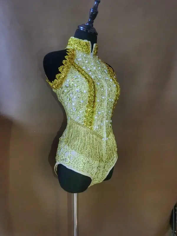 Sexy Sleeveless Gold White Tassels Bodysuit Female Dance Team DS Costume Nightclub DJ Singer Jazz Performance Stage Wear Catsuit