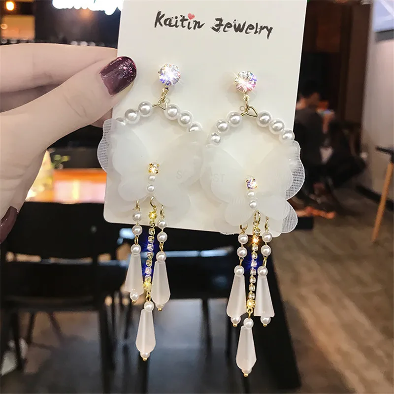FYUAN длинные кисточки кристаллы Висячие серьги для женщин Bijoux корейский стиль белая бабочка жемчуг висячие серьги Ювелирные изделия Подарки