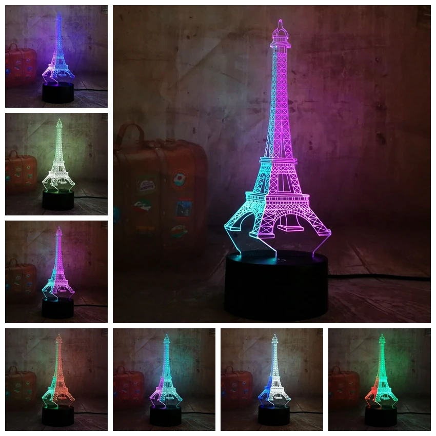 Красота Романтический Эйфелева башня 3D светодиодный RGB 7 смешанных двойной Цвет