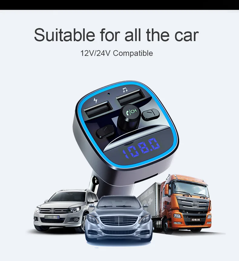 Siparnuo Bluetooth FM Трансмиттеры, fm-модулятор, Bluetooth передатчик, Автомобильный Ручной трансмиттер, Bluetooth QC3.0, 2 USB, Автомобильный MP3 T25