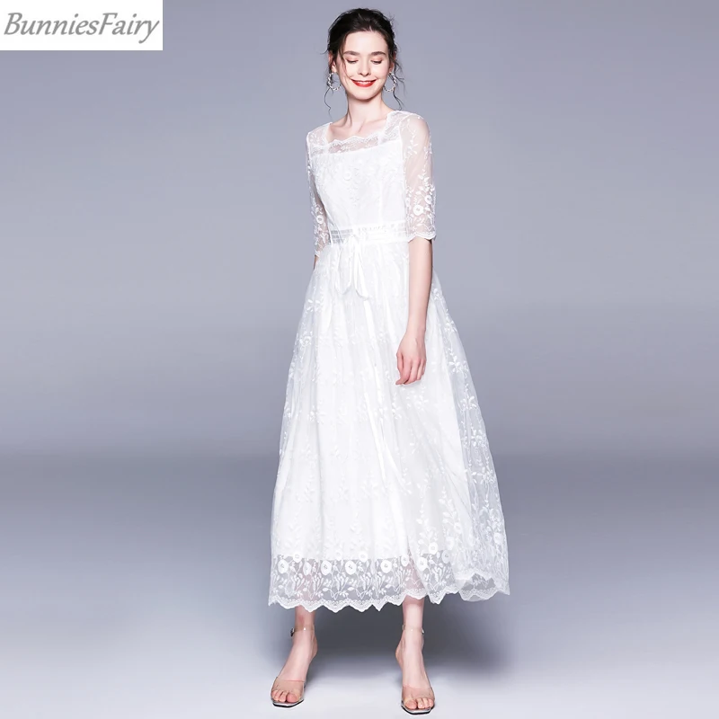 BunniesFairy 2019 летнее Новое Женское милое белое платье принцессы с цветочной вышивкой