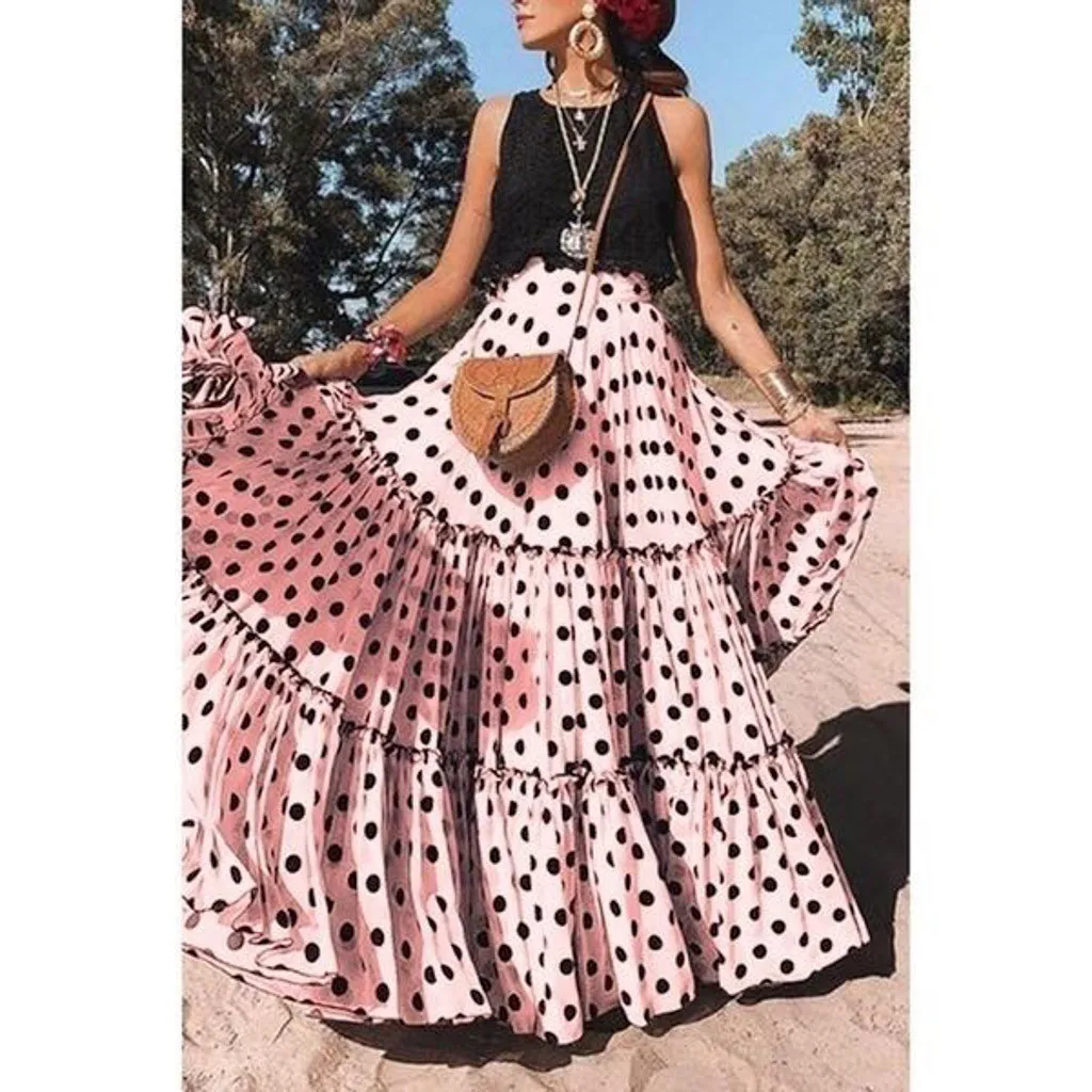 Женская длинная юбка в горошек летняя плиссированная Бохо с высокой талией