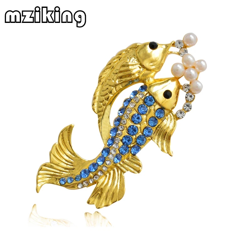 

mziking 2019 New Gold Fish Brooch for Women Crystal Brooch Simulated Pearl Animal Enamel Pin Jewelry Clothes Accessories Brosh