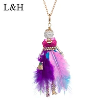 luxury rhinestone feather doll long dress pendant necklace handmade french doll gold chain necklace for women jewelry bijoux