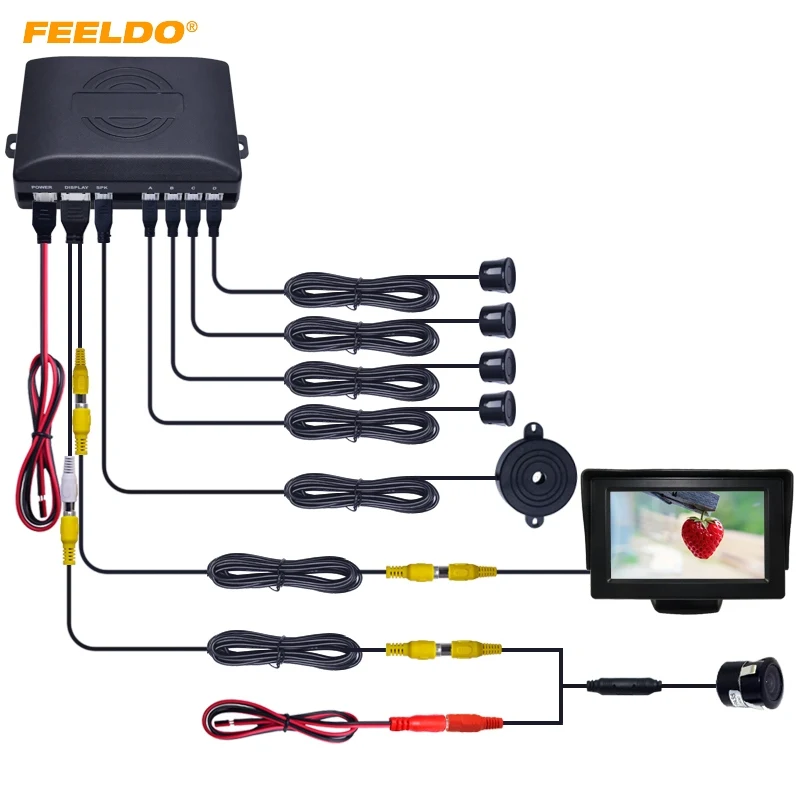

FEELDO Car 4.3" LCD Monitor 4-sensor Parking Sensor 18.5mm Snap Ring Camera Reversing Rearview Parking System #HQ944