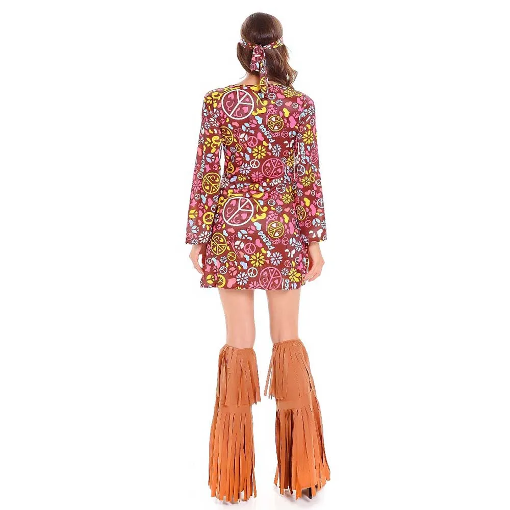 Взрослый 60's Groovy Костюм хиппи цветок силовой наряд в стиле диско дамы 70 s Diva нарядное платье одежда на Хэллоуин, костюмы для женщин