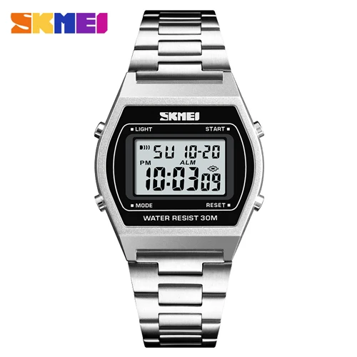 silver SKMEI спортивные мужские часы Роскошные Цифровые часы с хронографом ремешок из нержавеющей стали водонепроницаемые часы наручные часы erkek kol saati - Цвет: silver
