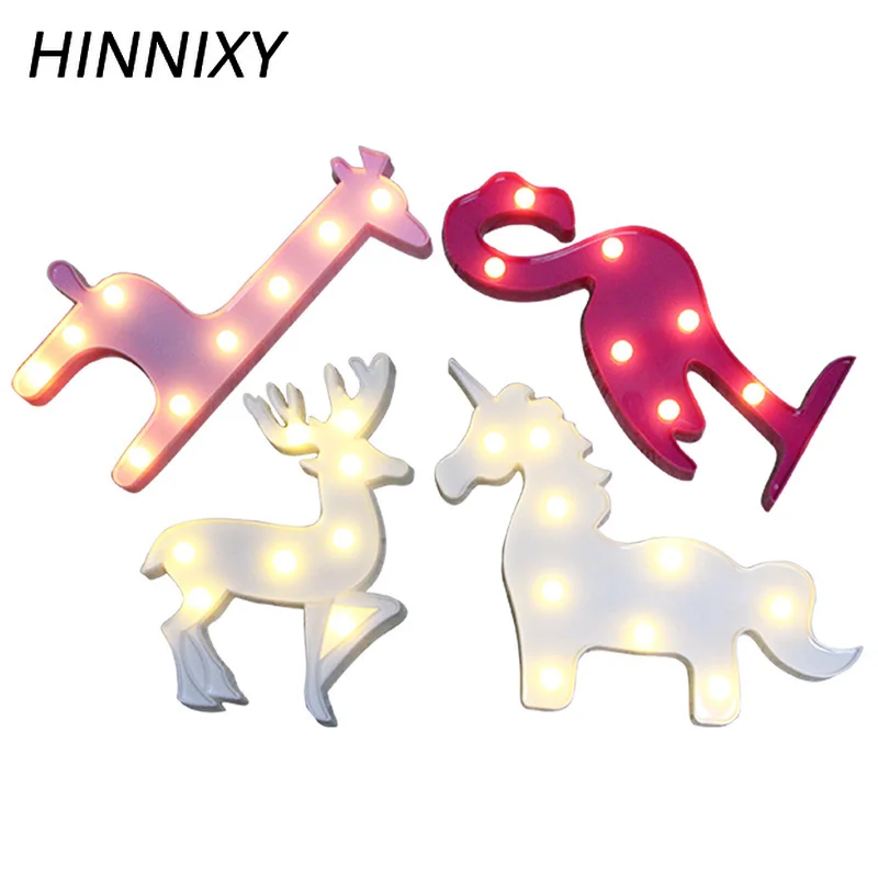 Hinnixy LED 3D милое животное ночное освещение Единорог Фламинго Олень жираф детская