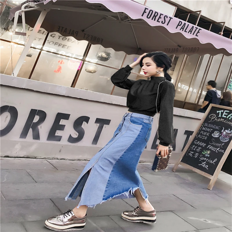 HziriP Women Denim Skirt 2018 Autumn Winter Ladies Casual Button Contrast Color Irregular High Waist Mini Clothing | Женская одежда