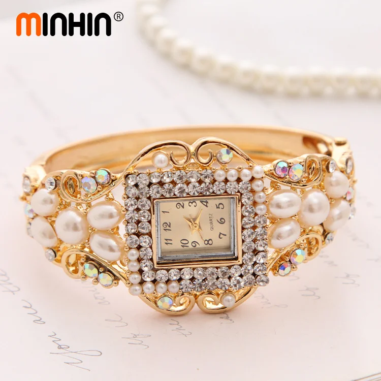 MINHIN оптовая продажа женские благородные часы браслет кристалл Женева кварцевые